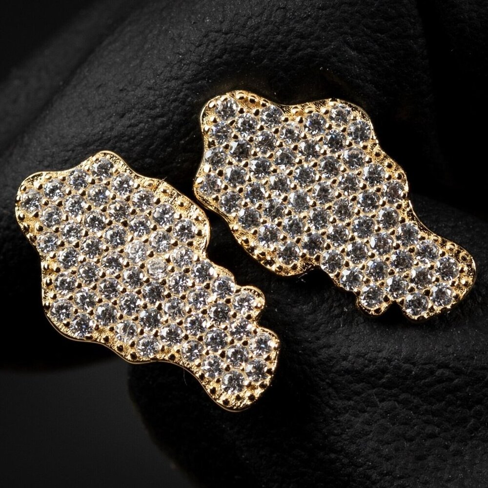 Hip Hop Yellow Gold 925 Sterling Silver Honey Comb Set Cz Nugget Earrings